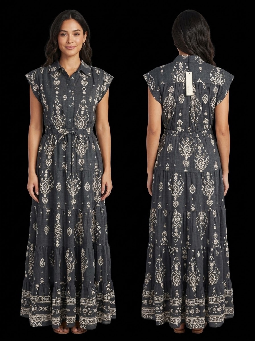 Pinch Black Maxi Dress with Cream Printed Motif